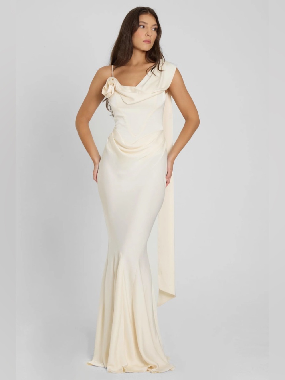 LEAU Satin Rosette Cowl Neck Maxi Dress Ivory Bridal Engagement Slip Gown XS